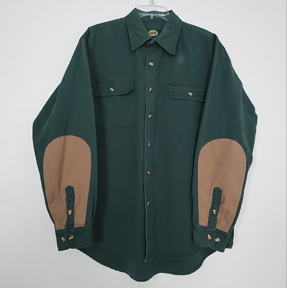 Cabela's Classic Shooting Shirt Green Button-Up w/ Tan Elbow Patches Heavyweight
